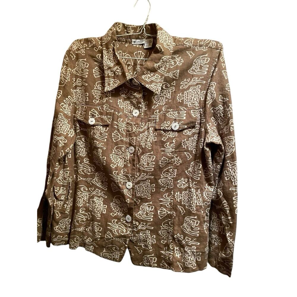 Woman XL Linen Cropped jacket  White Animal Eclectic Pattern Pockets VTG Units